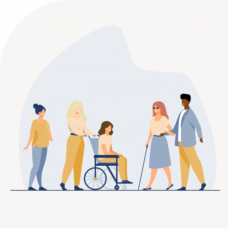 Grafische afbeelding van 3 personen met een handicap en 2 begeleiders